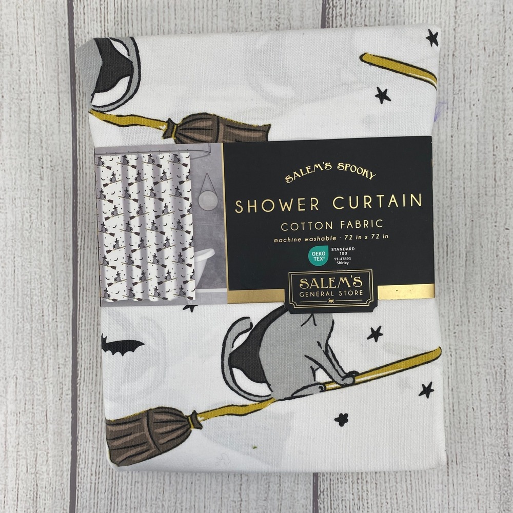 Salem's Spooky Shower Curtain White Black Cat Witch Broom Halloween Gothic